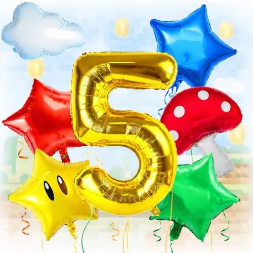 Colorful Balloon Cloud Star Balloons for Kids Party Decorations Red Blue Green Yellow Balloons Gold Game Number 5 Birthday Decoration Party Supplies