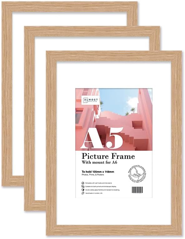 Almost Frameless A5 Oak Picture Frame Set of 3, Display A6 Pictures