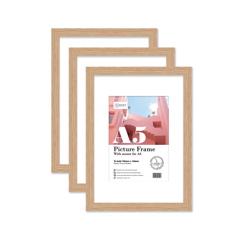 Almost Frameless A5 Oak Picture Frame Set of 3, Display A6 Pictures with Mount or A5 Without Mount Gallery Wall, Poster, Photo, Artwork, or Print, Oak