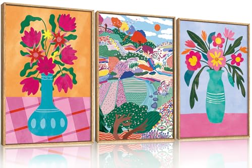 HOURIA Colorful Flower Landscape Framed Canvas Wall Art Set-24"x36"x3
