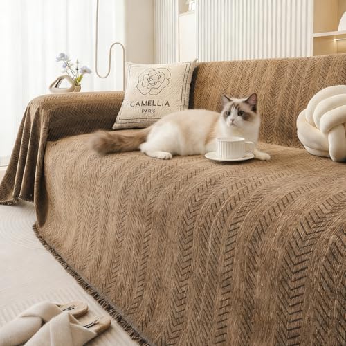 Kabisoriソファー -カバー 北欧風のおしゃれなヘリンボーン調フリンジ付き多機能カバー アーム付き・アームなし両用 リビングで使える ソファーカバー 防水防塵・耐傷 猫爪とぎ防止マルチカバー かけるだけズレないコーヒー色180x300cm3人掛けソファ