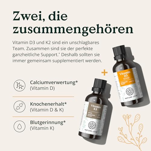 NATURE LOVE® Vitamin D3 5000 (50ml flüssig) - Laborgeprüfte 5000 I.E. pro Tropfen - in MCT-Öl aus Kokos - Vitamin D hochdosiert - hoch bioverfügbar, sehr hohe Stabilität - in Deutschland produziert