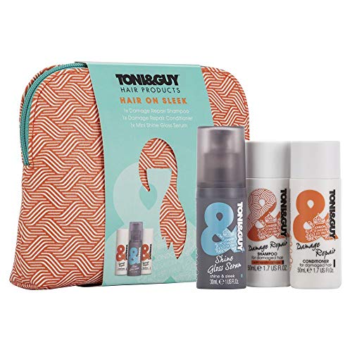 Toni & Guy Hair on Sleek Chirstmas Gift Set for Her with Damage Repair Shampoo, Conditioner, Shine Gloss Serum & Washbag 8710522428504