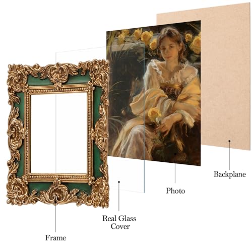 Image of eletecpro 4x4 Vintage Picture Frame with Real Glass Cover, Ornate Antique Photo Frame, Display 4x4 Picture for Tabletop or Wall, Green Home Decor for Gallery Art