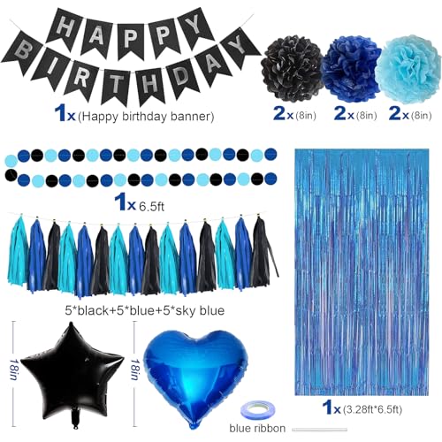 Blue and Black Happy Birthday Party Decorations kit for Boys Men Women with Happy Birthday Banner, Fringe Curtain,Foil Balloons,Cake Topper for birthday decor (blue black) - Image 3