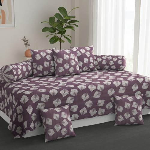 Image of Cotton Diwan Set Covers |8 Pieces Diwan Cover Set|300 TC Fabric| Pure Cotton Printed Deewan Set (1 Single Bedsheet, 2 Bolster Covers, 5 Cushion Covers)| (Purple Box)
