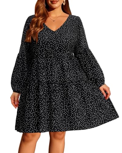 Pinup Fashion Plus Size Casual Long Sleeve Fall Dress for Women Polka Dot Black V Neck Loose Knee Length Tunic Short Flowy Dresses