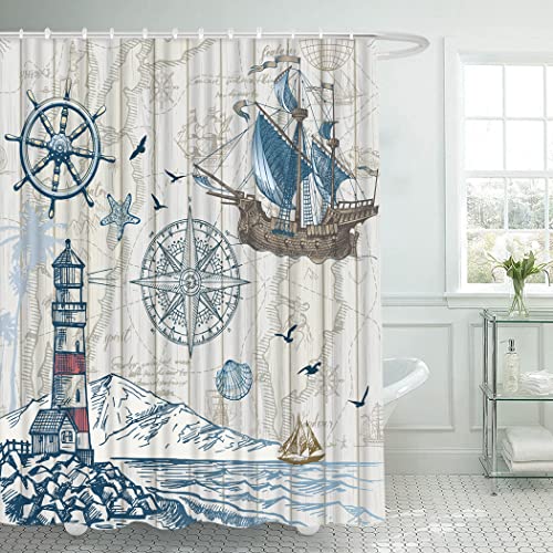 Cyrekud 72" X 72" Nautical Sailboat Map Shower Curtain Rustic Lighthouse Compass Scene Bathroom Set Boys Girls Pirate Ship Home Bath Bathtub Decor Durable Fabric Machine Washable With 12 Hooks #TOP1