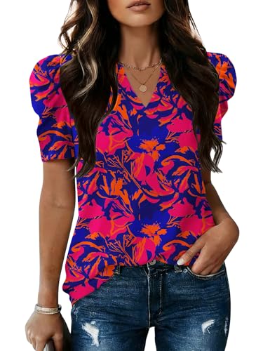 Image of LOMON Spring Summer Tops for Women 2026 V Neck Puff Short Sleeve Tops Fashion Trendy Work Blouses Dressy Casual S-XXL