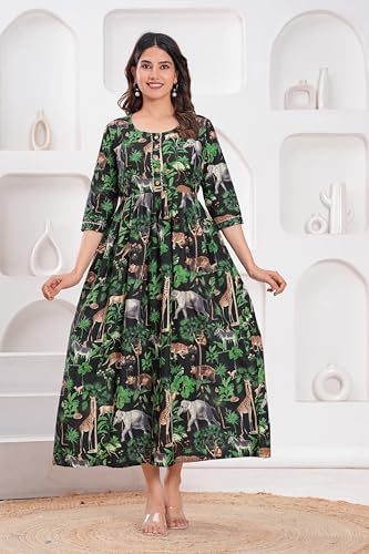 Image of The Moon Star Women's Cotton Floral Printed Anarkali Maternity Feeding Kurti | Breastfeeding Dress for Mothers | Zipper Feeding Kurti,Nursing Kurti, Comfortable and Trendy Maternity Wear