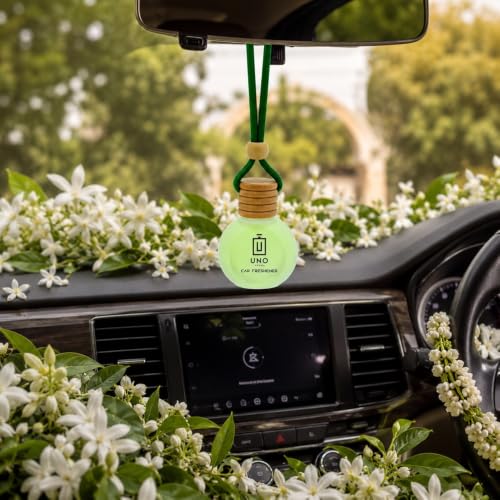 Image of UNO AROMA Jasmine Car Air Freshener, 15ml, Long Lasting Hanging car perfume, Toxin-Free Oil in Glass Bottle with Wooden Diffuser, Car Accessories for fresh aroma, Last Upto-60 Days