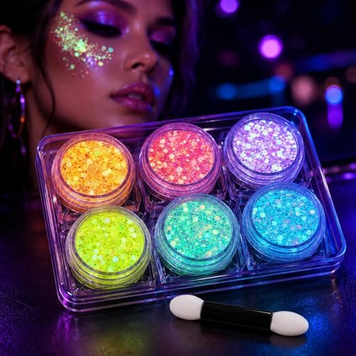 6 Colors Glow in the Dark Glitter Gel, UV Face Body Hair Makeup