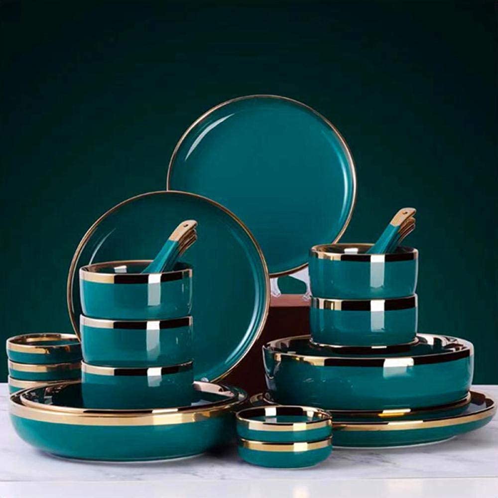Talerze Miska w kolorze zielonym ze złotą obwódką Zestaw ceramicznych zastaw stołowych, ceramiczny zestaw obiadowy Zestaw porcelanowych zastaw stołowych, 18-częściowy zestaw