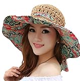 Elufly Flower Summer Large Wide Sun Beach Hat for Women Hand Woven Straw Hat (coffee)