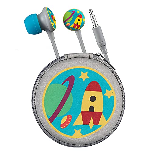 Volkano Cool Kids Earphones 3.5mm Aux Output, Wired for PC Cell Phones TV, in-Ear Silicone Noise Isolating Earbuds, Carry Case Storage Pouch Included, Unisex Kiddies Boys Girls [Gray] - Space Series
