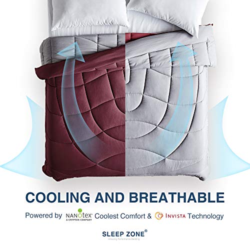 Sleep Zone Reversible Queen Size Cooling Comforter, Soft Breathable Bedding Down Alternative Comforter Warm For All Seasons, A Side Burgundy + B Side Grey #TOP1