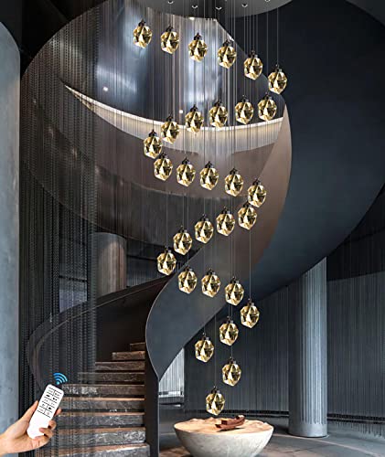 Idequy 32 Light Black Large Crystal Chandeliers For High Ceiling 150 Inches Long Staircase Spiral Crystal Pendant Light High Entrance Crystal Ceiling Light Led Dimmable 3000-6000K #TOP3