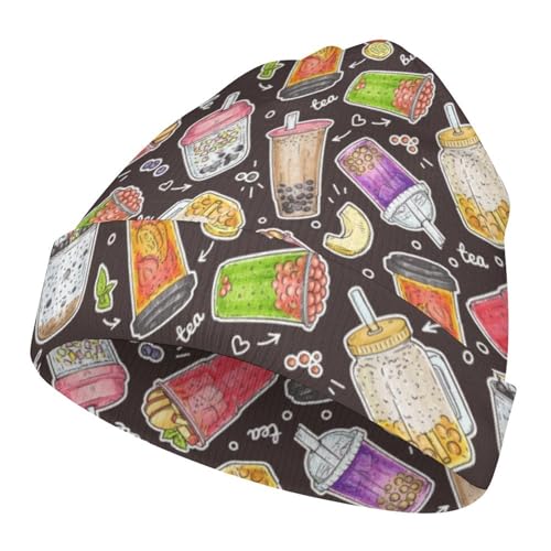 Cute Cartoon Bubble Tea Pattern Kids Beanie Hat for for Girls Boys Children Cap Winter Knitted Chemo Cancer Headwear Accessories Gifts Decoration Black