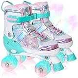 Kids Roller Skates for Girls Boys - Teal for Big Kids Age 7 8 9 10 - Adjustable All Light up Wheels Butterfly and Flower Indoor Outdoor Sports Birthday Gift for Son and Grandson