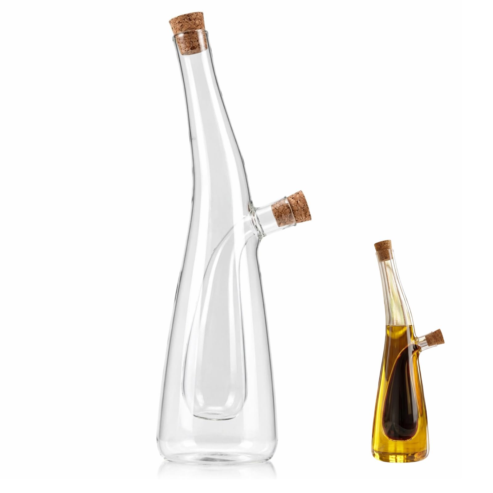 Meralo Premium Glass Oil and Vinegar Dispenser Set, 2-in-1 Dual Storage Drizzler Bottle with Cork Stoppers for Kitchen Cooking, Elegant Curved Design (280ml + 90ml)