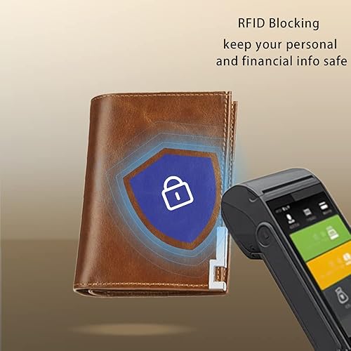 Miniatura 7 de VANNANBA Cartera de piel auténtica con cera de aceite para hombre, con cremallera y bloqueo RFID, marrón (YELLOWISH BROWN), Cartera Rfid