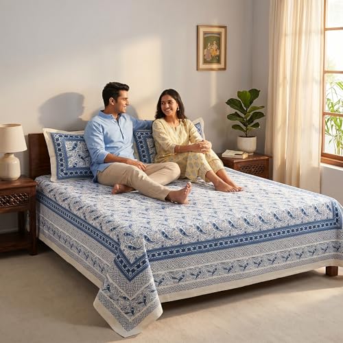 Image of Mafatlal 144 TC Heritage 100% Cotton Queen Size Bedsheet (90x108 inches) with Matching Pillow Covers | Soft & Comfortable | Elegant Printed Heritage Design | Cobalt Blue