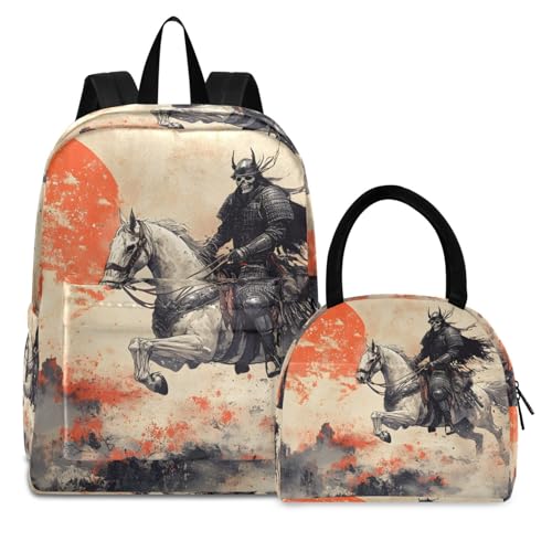 Backpack Lunch Bag Set Sunset Samurai Ukiyo E Print, Big Storage Travel Backpacks with Insulated Lunch Box for Office Hiking Picnic