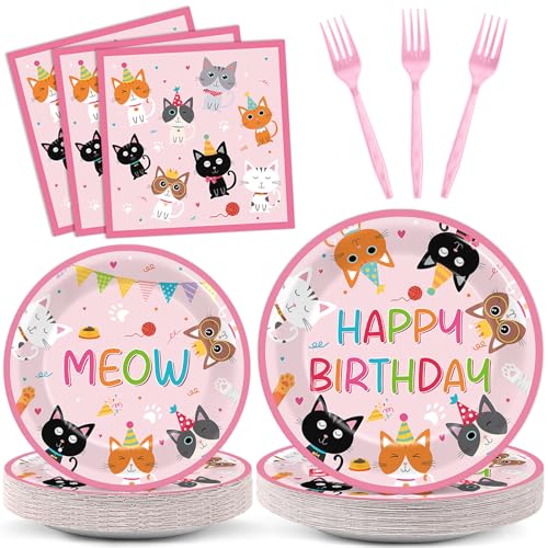 96PCS Cat Birthday Party Supplies Cats Themed Plates and Napkins ...