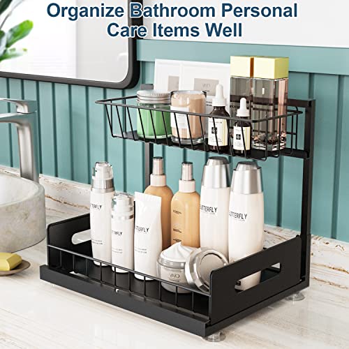 Under Sink Organizer And Storage, Alyfc Pull Out Bathroom Organizer - 2 Tier Metal Basket Shelf Storage, Under Sink Storage For Kitchen Bathroom, Black Multi-Purpose Cabinet Organizer, Gift For Family #TOP5