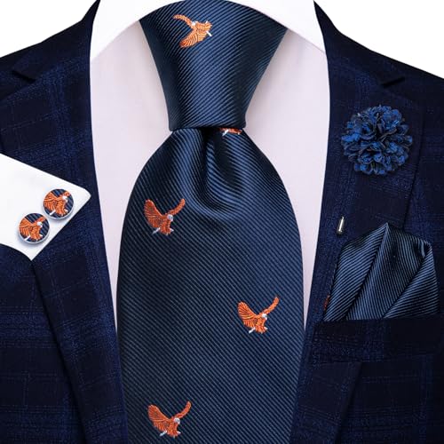 Image of Hi-Tie Navy Blue Eagle Ties Set for Men Woven Formal Necktie Lapel Pin Pocket Square Cufflinks Sets Formal Business Wedding