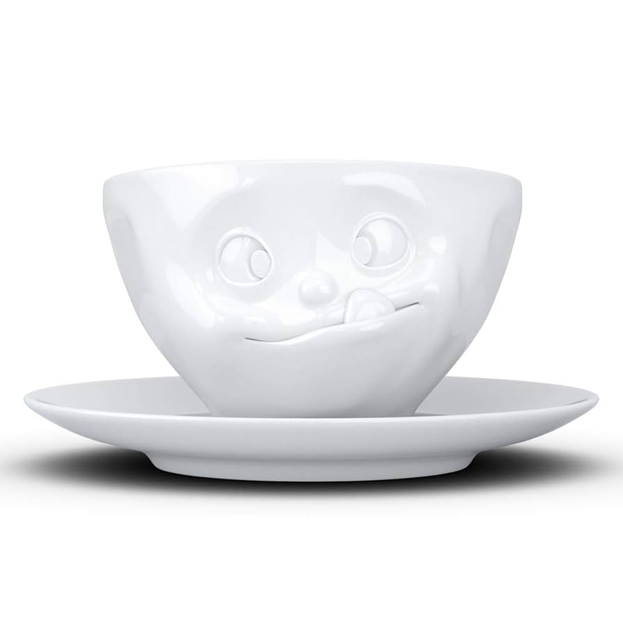 FIFTYEIGHT PRODUCTS TASSEN Porcelain Coffee Cup with Saucer, Tasty Face Edition, 6.5 oz. White (Single Cup & Saucer)