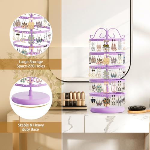 Image of Modowey Rotating Earring Holder Organizer Stand, 5 Tier Metal Tree Display for Women Vendors, 220 Holes Adjustable Jewelry rack for Stud Hoop Dangle Storage, Trendy Carousel Keeps Dresser Neat, Purple