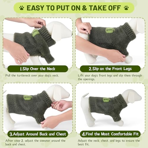 Image of Small Dog Furry Pullover Sweater, Classic Turtleneck Dog Clothes for Cold Weather Cute Warm Pet Clothes for Chihuahua, Bulldog, Dachshund, Pug Green X-Large