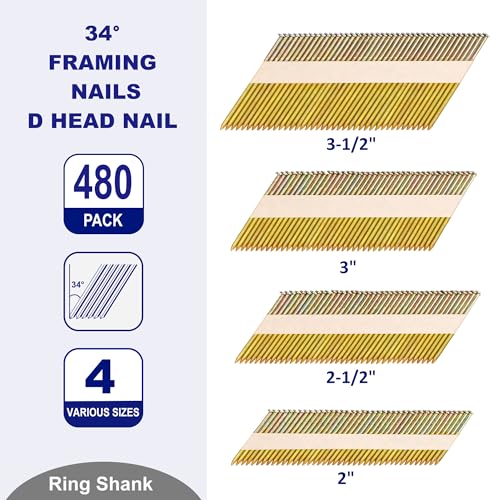 HW HAMWOO Pregos emoldurados em 34°, pacote de unhas de cabeça D, pacote de 480 (5 cm - 120 peças, 2