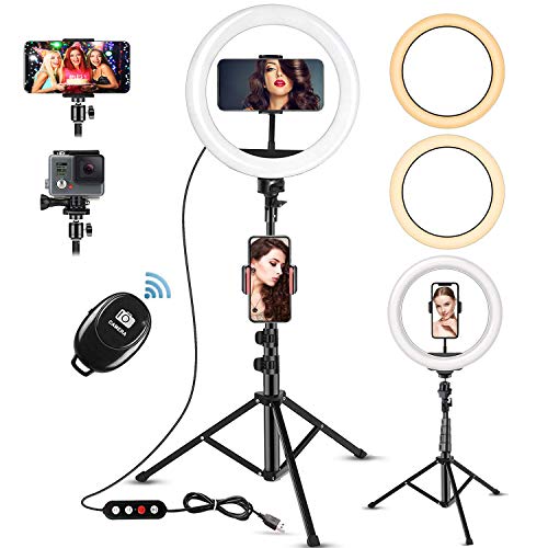 LED Ringlicht mit Stativ Handy,10" Selfie Ringleuchte mit 63" Stativ Bluetooth Fernbedienung USB-betrieben 3 Farbe &10 Helligkeitsstufen,Ringleuchte für YouTube, Tiktok,Live-Stream,Makeup
