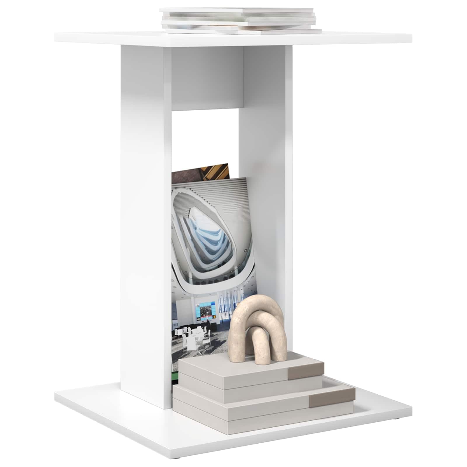 Mesa auxiliar blanca de madera 45 x 40 x 62,5 cm, mesa de centro compacta con estante para salón, pasillo y dormitorio, mesa de sofá estable para lámpara, libro y decoración