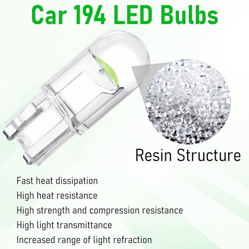 Image of ecocstm 30 PCS Car 194 LED Bulbs, 168 2825 W5W T10 Wedge COB LED Replacement Bulb, Error Free Interior Bulb for Dashboard Light, Dome Lights (Green)