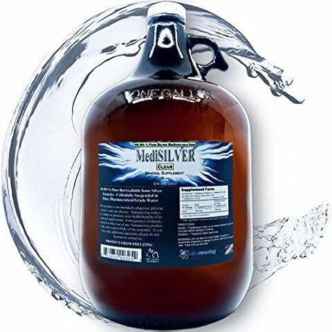 MediSILVER Clear True Free Ionic Colloidal Silver - 1 US Gallon (128 Fl Oz) in Amber Glass Jug Cover