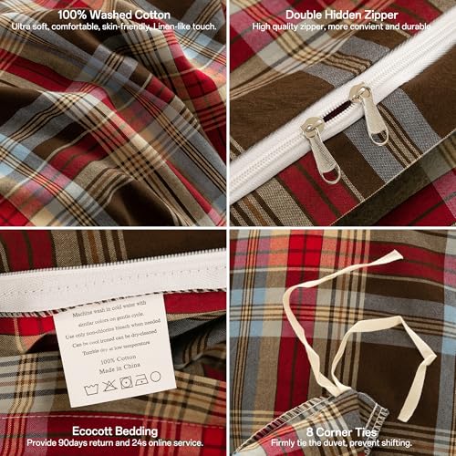 Image of ECOCOTT Buffalo Plaid Duvet Cover Queen Size- 3 Piece Washed Cotton Bedding Set with Classic Checkered Pattern, Red & Brown Duvet Cover with Pillowcases for All Seasons
