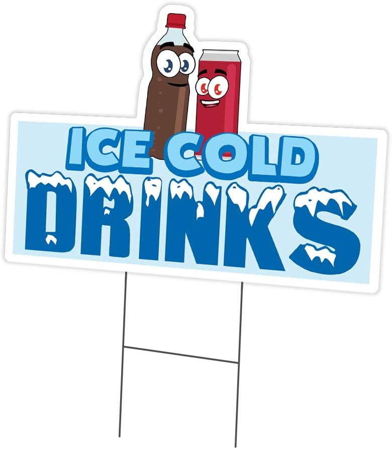 Ice Cold Drinks 3 Yard Sign 12" X 16" & Stake | Advertise Your Business | Stake Included Image On Front Only | Made in The USA