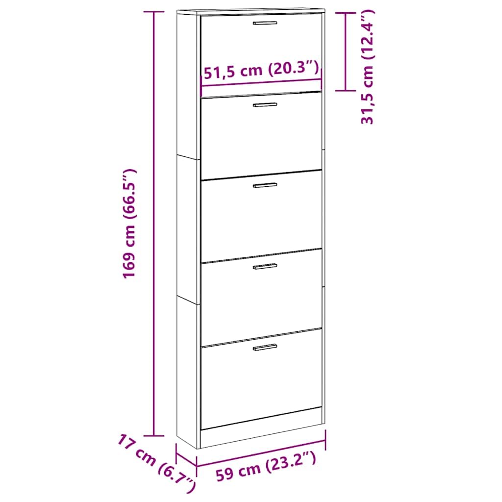 Schuhschrank mit 5 Schuhkippern Weiß aus Holzwerkstoff, 59x17x169 cm, platzsparend mit Fächern für Flur Eingangsbereich, stabile Aufbewahrung für Damen, Herren Schuhe und Sneaker