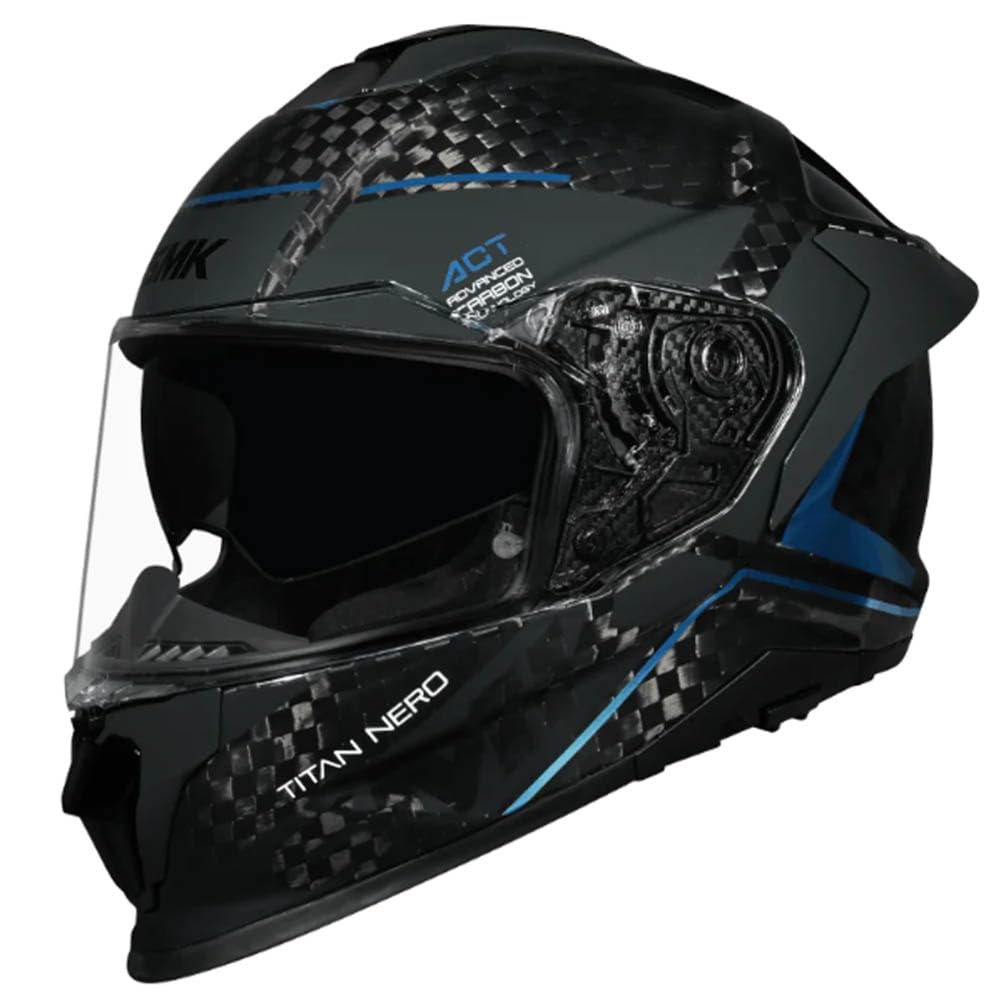 SMK Titan Carbon Nero Azul Cromado - Casco de Moto Integral en Fibra de Carbono con Visor Solar Interior - Unisex Helmets Hombre y Mujer, Homologado 22.06