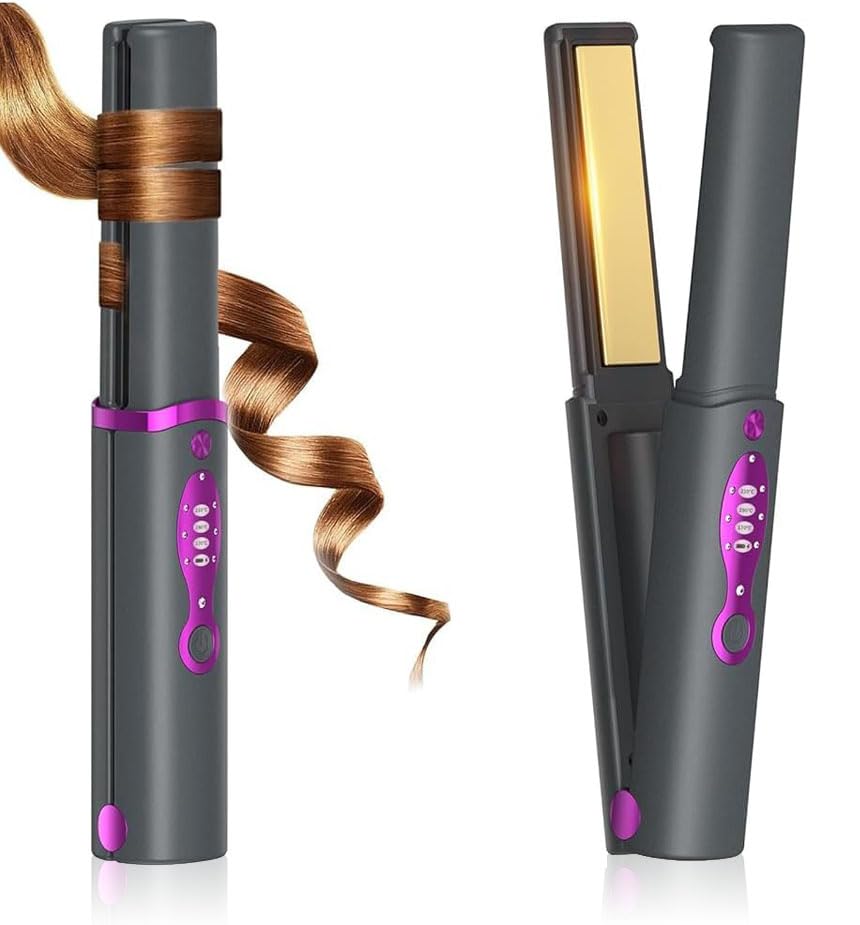 Cordless Hair Straightener with Safety Lid, Fast Heating Titanium Flat Iron, Portable Travel Hair Straightener 2 in 1 for Straightening & Curling, Wireless Mini Curling Iron Rechargeable 5000mAh