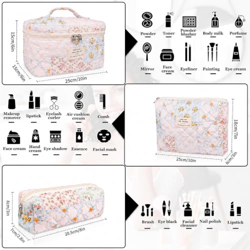 Image of Lyrovo Makeup Organizer Cosmetic Bag Quilted Large Floral Make Up Organize Set for Women Flower Travel Toiletry Bag (BWF)