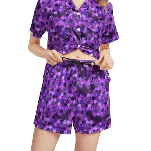 Image of Funny Pajamas for Women Set Print Satin Loungewear Pjs Short Sleeve Button Down Top and Shorts Sets Sleepwear XS-3XL