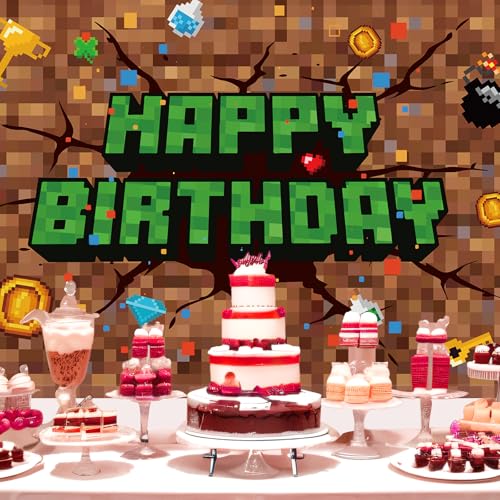 Image of Pixel Happy Birthday Backdrop, 83x59in /210x150cm Pixel Theme Party Decorations Video Game Banner Backdrop for Gaming Birthday Decor