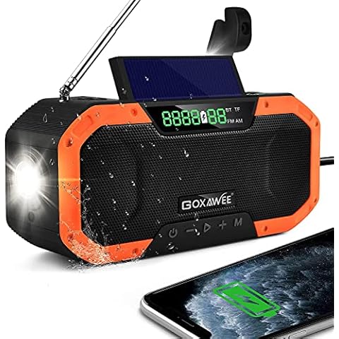 GOXAWEE Emergency Weather Radio, 5000mAh Solar Hand Crank Radio, Bluetooth/AM/FM/TF Weather Alert Portable Radio with 5 Ways Powered, Flashlight, Reading Lamp, Power Bank Cover
