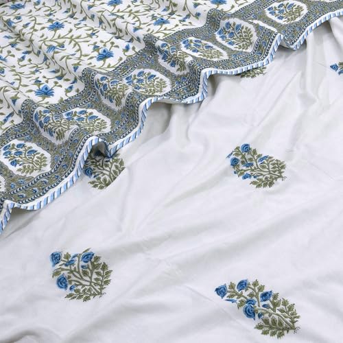 Image of TOAIArt Premium Jaipuri Dohar | AC Blanket Summer Quilt | Hand Block Printed | 3 Layers | Reversible | 150GSM 100% Mulmul Cotton | 100% Cotton Flannel Filling | Single 60 inch X 90 inch |White Blue Florals