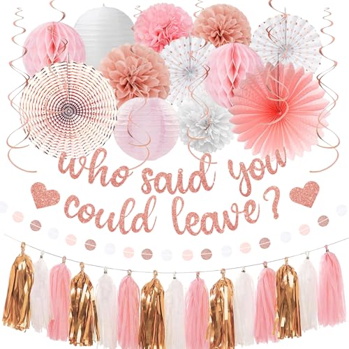 Image of Roetyce Farewell Party Decorations Women, Pink Glitter Who Said You Could Leave Banner, Rose Gold Going Away Leaving Goodbye Party Supplies for Coworker Friends, Retirement Photo Background Decor