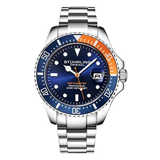 Stuhrling Original Relógio masculino profissional de mergulho esportivo com caixa de 42 mm mostrador azul pulseira prata aço inoxidável relógio de mergulho para homens, Prata/azul, Moderno
